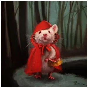 een schilderij van een muis in een rode cape