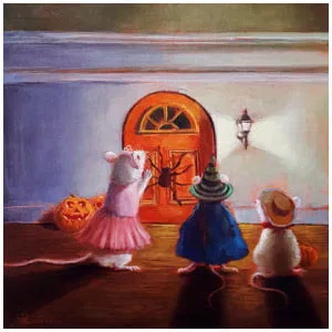 drie muizen staan ​​voor een deur