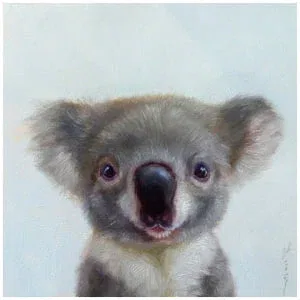 een schilderij van een babykoala met zijn mond open
