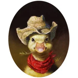 een schilderij van een eend met een cowboyhoed