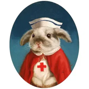 een schilderij van een konijn dat een Rode Kruis-uniform draagt