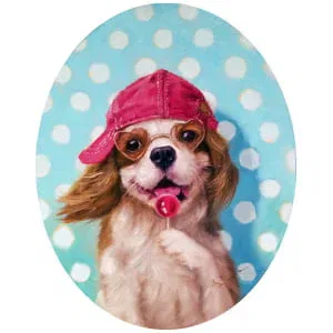 een schilderij van een hond met een roze hoed en bril