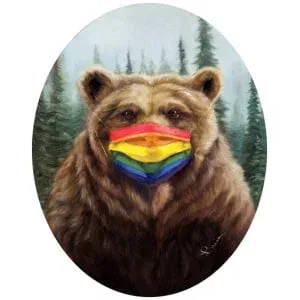 een schilderij van een beer met een regenboogmasker