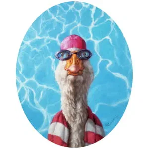 een schilderij van een lama met een zwembril op