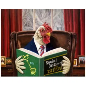 een kip in een pak die een boek leest