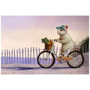 een schilderij van een rat die fietst met een mand vol groenten