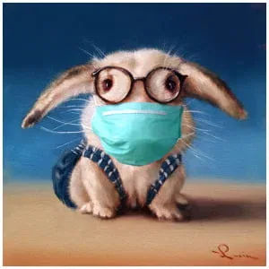 een schilderij van een konijntje met een gezichtsmasker