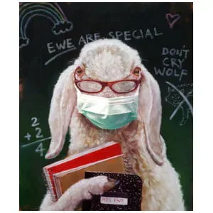 een konijn dat een gezichtsmasker draagt ​​en boeken vasthoudt