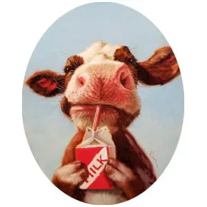een schilderij van een koe die een milkshake eet