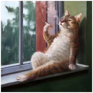 een schilderij van een kat zittend op een vensterbank