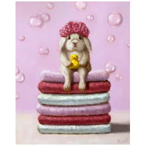 een schilderij van een hond die op een stapel kussens zit