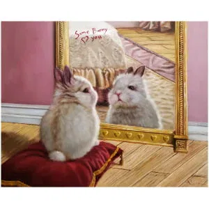 een schilderij van twee konijnen voor een spiegel