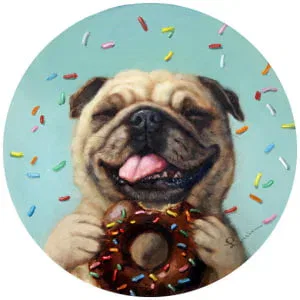 een schilderij van een hond die een donut vasthoudt met hagelslag