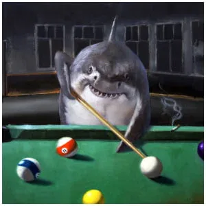 een haai speelt pool met biljart en ballen
