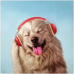 een schilderij van een hond met een koptelefoon op