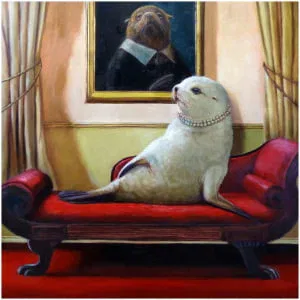 een schilderij van een hond zittend op een rode bank