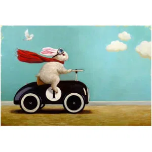 een schilderij van een konijn dat in een speelgoedauto rijdt