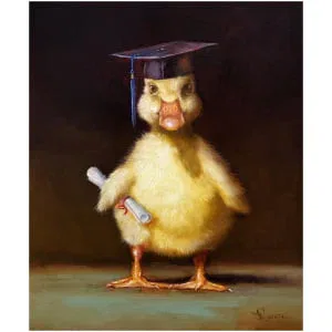 een schilderij van een eend met een afstudeerpet