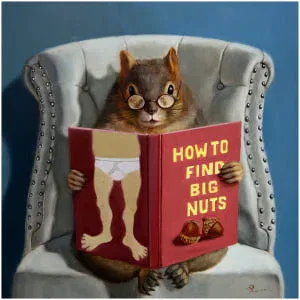 een schilderij van een eekhoorn die een boek leest