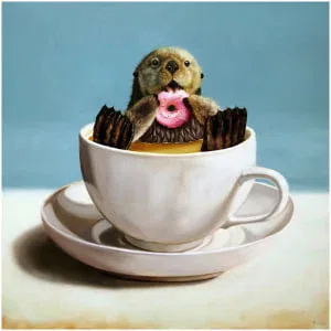 een schilderij van een hond in een beker met een donut