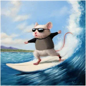 een schilderij van een muis op een surfplank die op een golf rijdt