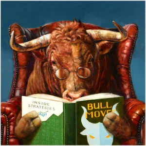 een schilderij van een stier met bril die een boek leest