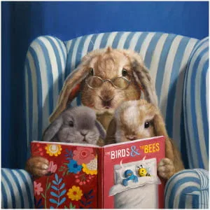 een schilderij van twee konijnen die een boek lezen