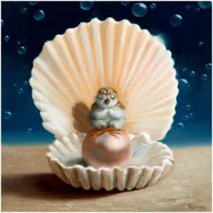 een schilderij van een schelp met daarop een kat