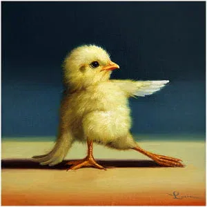 een schilderij van een kleine gele kip met vleugels