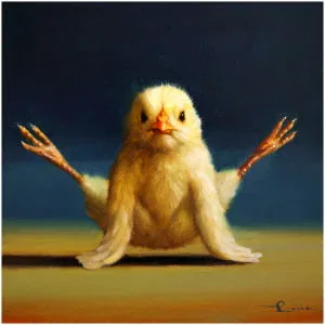 een schilderij van een kip die op de grond zit