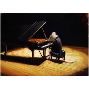 een rat die piano speelt in een donkere kamer
