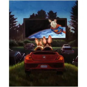 een schilderij van een hond achterin een auto