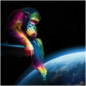 een kleurrijke aap die bovenop een blauwe planeet zit