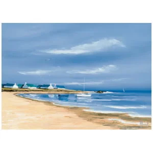 een schilderij van een strand met boten erop