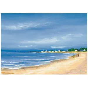 een schilderij van mensen die op het strand lopen