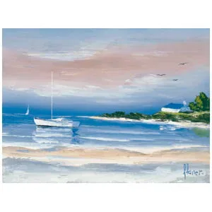 een schilderij van een zeilboot op het strand