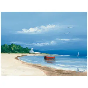 een schilderij van een boot op het strand