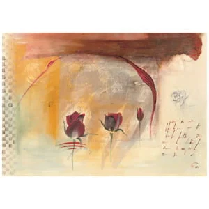 een schilderij met rode bloemen erop