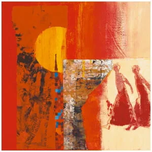 een abstract schilderij met rode, oranje en gele kleuren