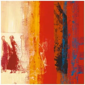 een abstract schilderij van twee mensen die over straat lopen