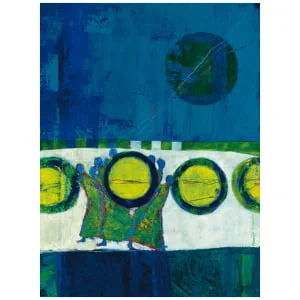 een abstract schilderij met gele cirkels en blauwe achtergrond