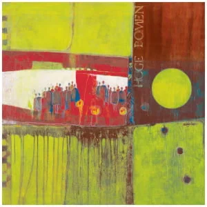 een abstract schilderij met groene en rode kleuren