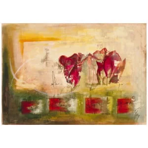 een abstract schilderij met rode bloemen en groene vierkanten