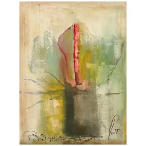 een abstract schilderij met een bloem in een vaas