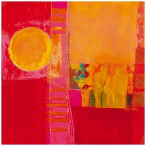 een abstract schilderij met rode, gele en roze kleuren