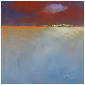 een schilderij van een lucht met wolken en gebouwen in de verte