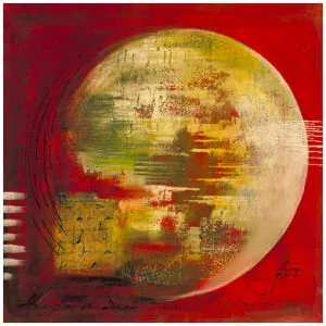 een abstract schilderij met rode en gele kleuren