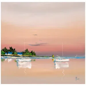 een schilderij van boten in het water bij zonsondergang