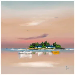 een schilderij van een klein eiland midden in water