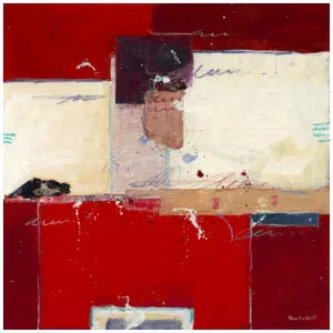 een abstract schilderij met rode, witte en blauwe kleuren